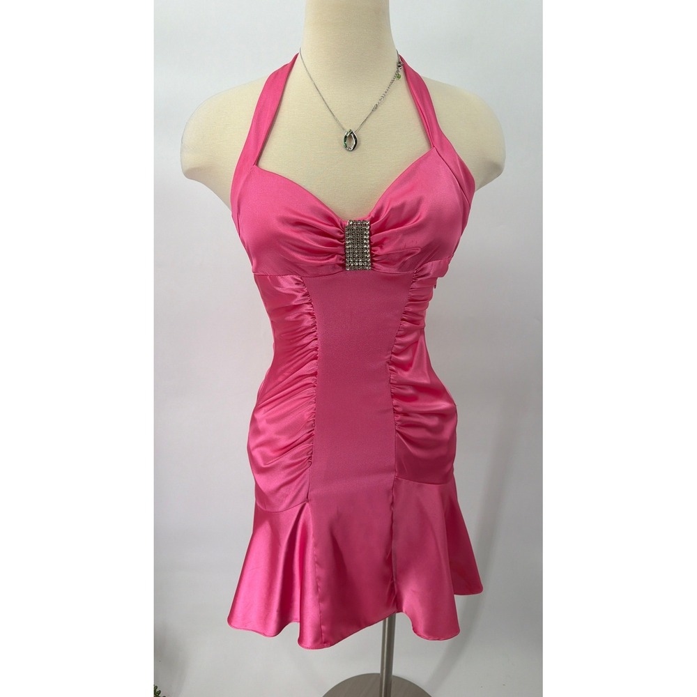 Morgan & Co Dress Womens 3/4 Pink Satin Halter Rhinestone Ruched Mini Ruffle